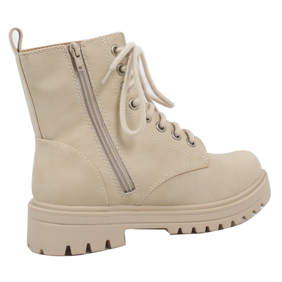 Beige Faux Nubuck Leather Combat Lace Up Ankle Boot - Picture 3 of 5